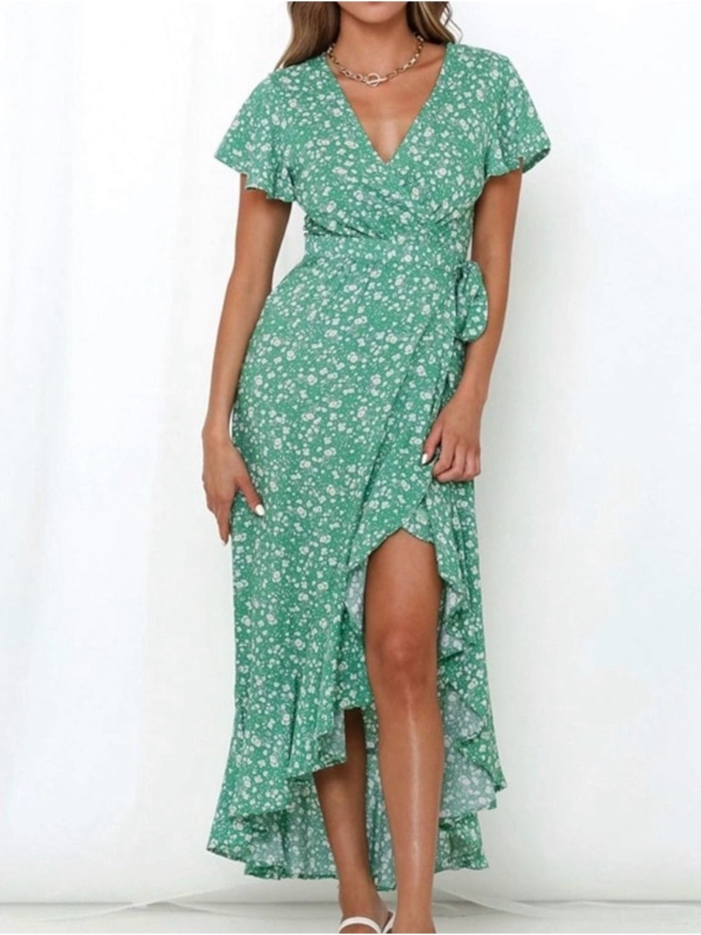 Sage Green Floral Wrap Maxi Dress with Ruffle Hem